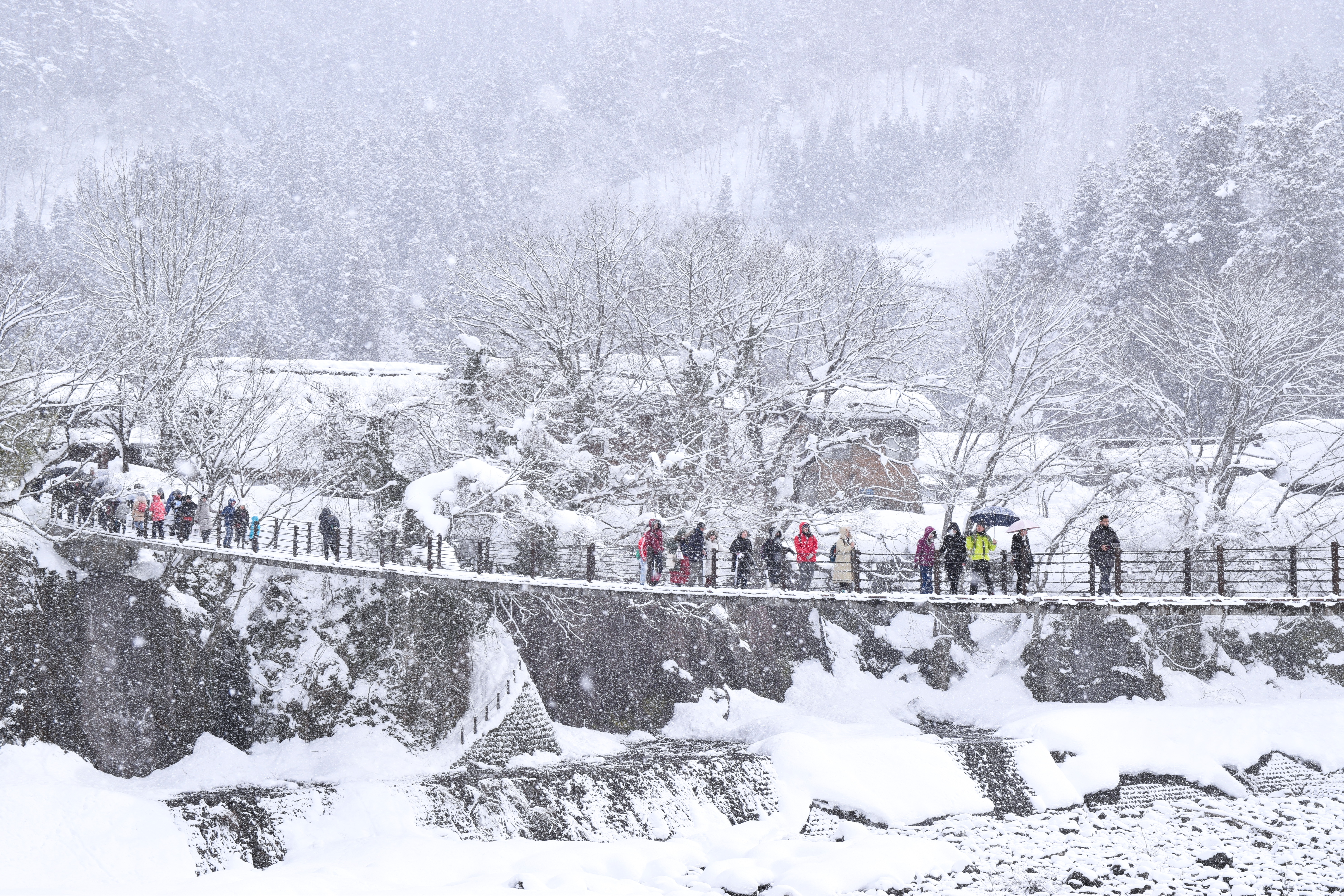 雪に覆われた合掌造り集落の冬景色