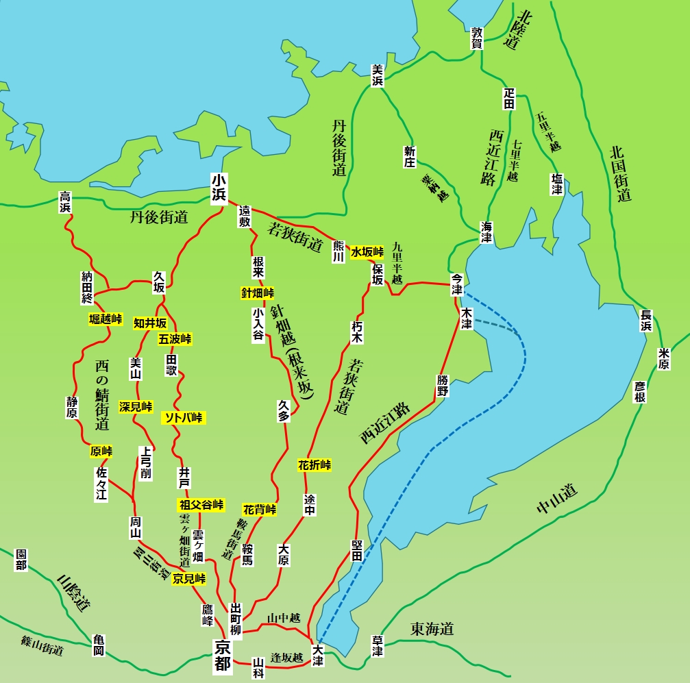 小浜から京都へ至る鯖街道の地図