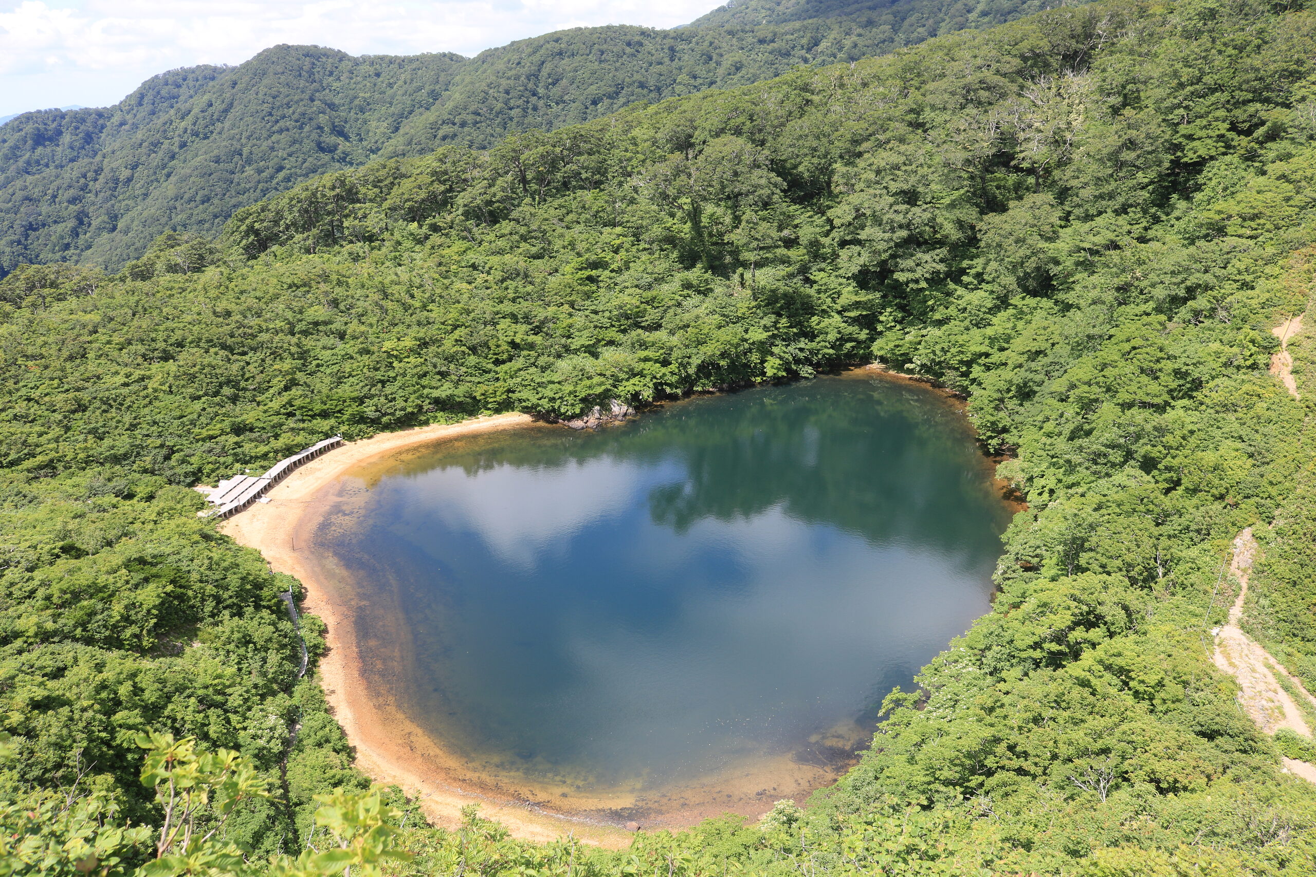 夜叉ヶ池の森に囲まれた池の風景