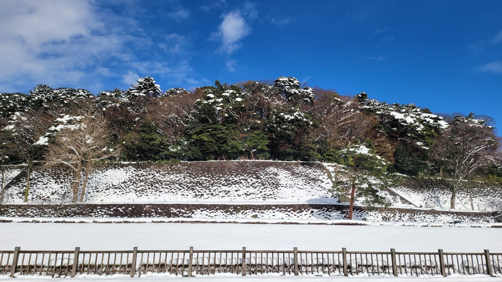 雪に覆われた金沢城公園の石垣と櫓