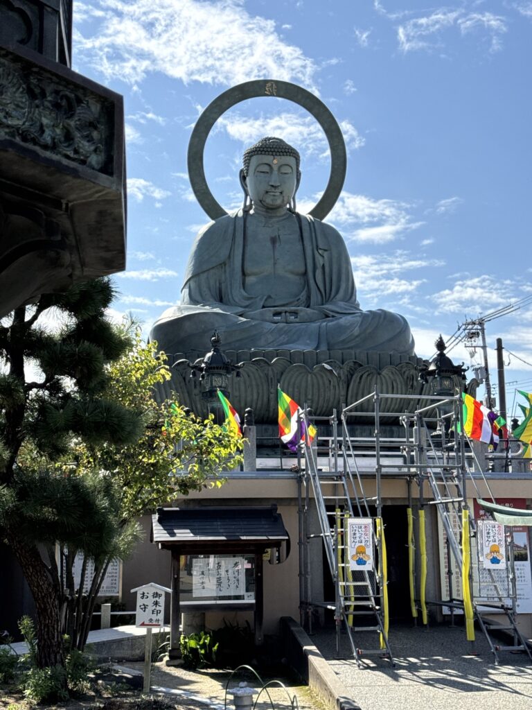 青空の下、円光背を背負って蓮華座に座る高岡大仏（銅造阿弥陀如来坐像）